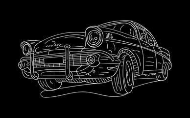Fototapeta na wymiar hand drawn old car. car drawing in black background