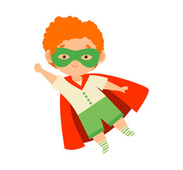 Cute Boy in Superhero Costume and Mask Flying. Happy smile little boy wear red cape. Little Superman Boy. Comic party cartoon vector illustration.