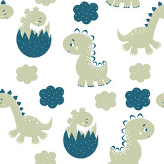 Seamless pattern with cute gray dinosaurs and clouds on a white background. Children's illustration in a funny cartoon style. Baby Vector Illustration. Creative childish background for fabric.