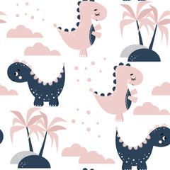 Seamless pattern with pink and blue dinosaurs on a white background. Funny cartoon dino seamless pattern. Dinosaur pattern vector. Hand drawn children's pattern for fashion clothes, shirt, fabric.