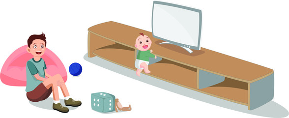 Boys watching TV with his young brother vector illustration