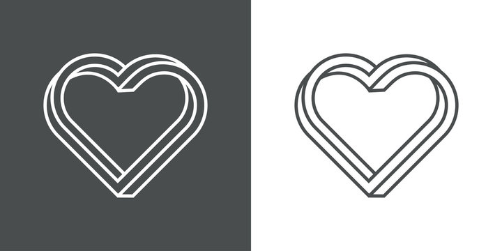 Icono lineal corazón tridimensional en perspectiva imposible en fondo gris y fondo blanco