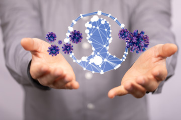 Hologram of coronavirus COVID-2019 on a blue futuristic background. Deadly type of virus 2019-nCoV. 3D models of coronavirus bacteria. Vectonic illustration in HUD style.