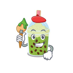 Talented matcha bubble tea Artist cartoon character with brush