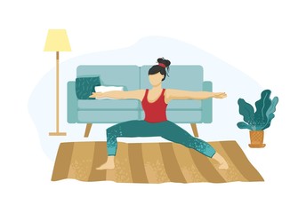 A girl in a yoga asana on a carpet in a home interior. Classes at home during quarantine, self-isolation, pandemic. Home practice. The warrior pose. Flat cartoon vector illustration