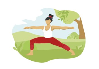 Girl in the pose of a warrior does yoga in the Park. Concept of sports activities outside. Asana for health promotion on the street. Favorite hobby. Practice for body and soul. Vector illustration.