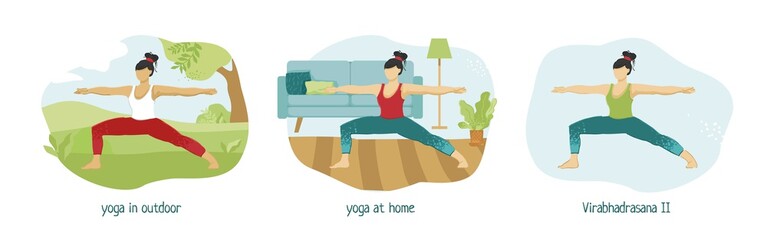 Collection of young women in the warrior pose in different locations. Asana for health promotion on the street and in a home. Favorite hobby. Practice for body and soul. Cartoon vector illustration.