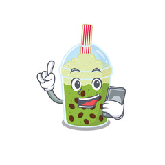 Mascot design of matcha bubble tea speaking on phone