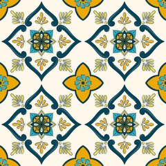 Spanish tile pattern vector seamless with green ornament. Portuguese azulejos, mexican talavera, sicily majolica or italian ceramic. Mosaic texture for kitchen wall or bathroom floor. - 334392698