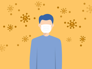 Man wearing protective medical mask among viruses. Illustration about Coranavirus or Covid-19.