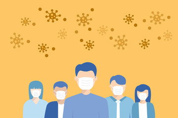 People wearing protective medical mask among viruses. Illustration about Coranavirus or Covid-19.