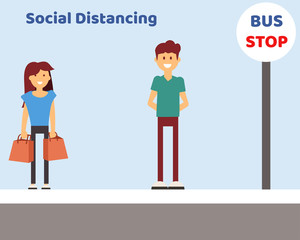 Social Distancing with COVID-19 crisis concept: There are people who stand far about 1-2 m. for protect corona virus. Cartoon vector style for your design.