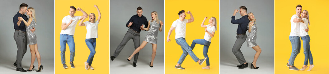 Collage of photos with happy dancing couple