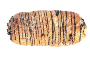 croissant with chocolate topped with sugar icing isolated on white background. close-up photography.