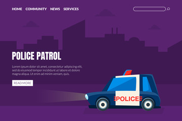 Police Patrol Landing Page Template, Police Car on Background of City Landscape Web Page, App Vector Illustration
