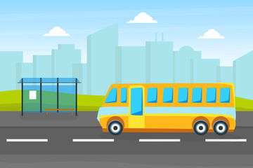 Yellow City Bus on a Bus Stop, Public Urban Transport on Background of City Landscape on Vector Illustration