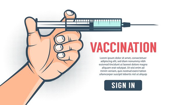 Vaccination - retro poster. Hand with syringe - vintage pop art comic style. Vector illustration.