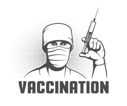 Doctor with syringe in hand - vintage vaccination poster. Immunization retro banner. Vector illustration.