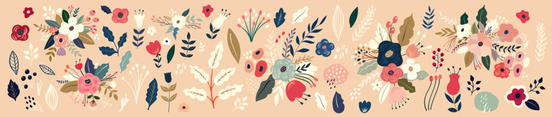 Beautiful romantic flower collection with roses, leaves, floral bouquets, flower compositions.