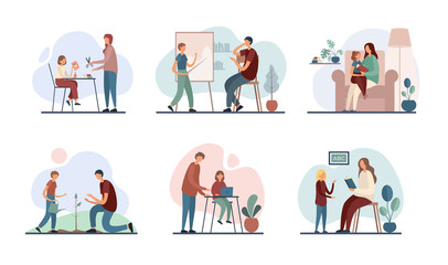 Parents teaching children at home. Set of flat vector illustrations