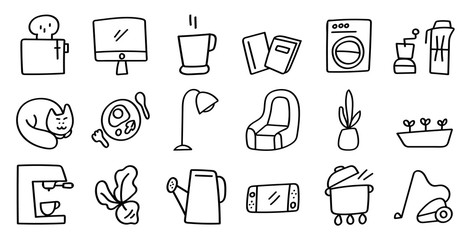 stay home icon design collection, coffee, sofa, games, cooking, cleaning, pets, books, vector illustration