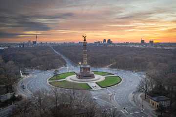 Panoramic view of Berlin skyline and Goldelse in dramatic morningh light