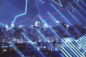 Double exposure of forex chart drawings over cityscape background. Concept of success.