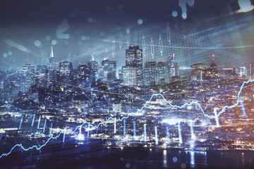 Financial graph on night city scape with tall buildings background double exposure. Analysis...