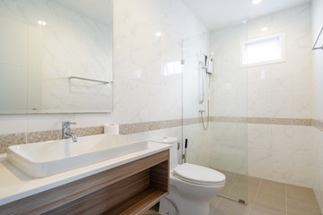 Fototapeta na wymiar Bathroom, toilet, basin and shower in modern house, villa and apartment