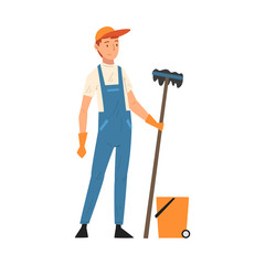 Professional Cleaning Man Standing with Mop and Bucket, Male Worker Character Dressed in Blue Overalls and Rubber Gloves, Cleaning Company Staff Vector Illustration