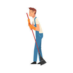 Fototapeta premium Professional Cleaning Man Sweeping the Floor, Male Worker Character Dressed in Blue Overalls and Rubber Gloves, Cleaning Company Staff Vector Illustration