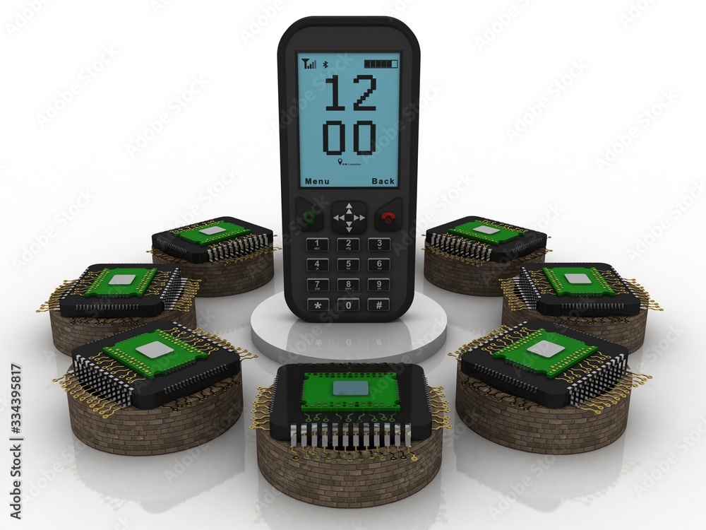 Poster 3d rendering microchips with mobile phone