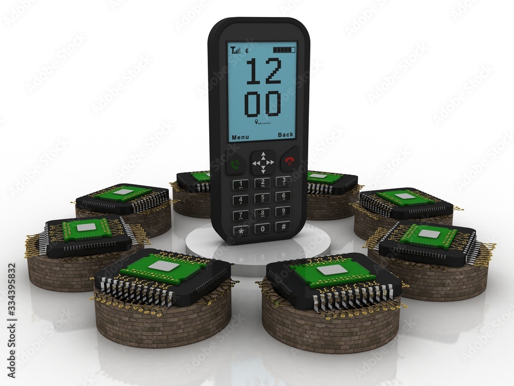 Poster 3d rendering microchips with mobile phone