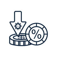 money coins and arrow with covid19 virus symbol icon, line style