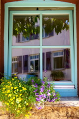 Fenster mit blauem Rahmen und gelbem Blumenschmuck
