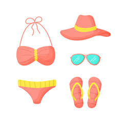 Set of things for a vacation at sea. Сollection summer travel items for woman. Swimsuit, glasses, flip-flops, hat Vector illustration.