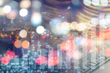 Fototapeta premium Double exposure of graph and rows of coins for finance and business concept