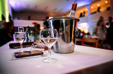 Glasses of wine on the table. Drinking on the party.