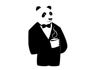 Illustration of a Panda which is wearing tuxedo and drinking hot coffee. Black and white drawing usable for a logo or creative project. 