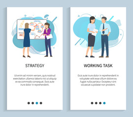 Work task and strategy planning vector, business women looking for plan to solve problem. Workers finding solution, team thinks about project. Website or slider app, landing page flat style