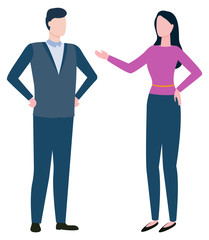 Fototapeta premium Man and woman consulting agents isolated on white, brokers collaboration. Vector business people on meeting, partners discussing investment issues