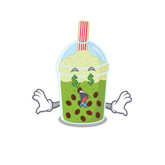 Rich matcha bubble tea with Money eye mascot character style