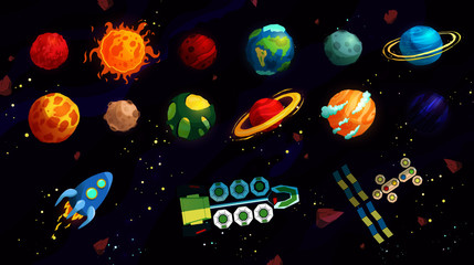 Cartoon planets vector cute set with rocket and space ships. Space objects - sun, moon, mars, mercury, earth. Fantasy planets.	
