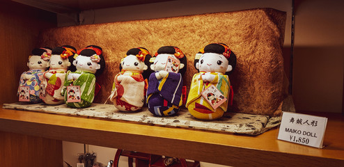 Maiko Dolls for sale in souvenir shop, Tokyo, November 2017, colourful, traditional dolls.