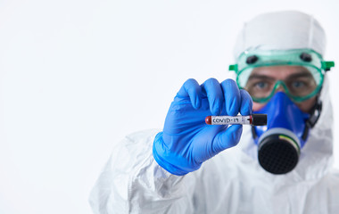 Coronavirus, Doctor holding positive covid-19 virus Blood Sample tube white background