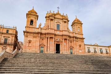 Noto Cathedral (Cattedrale di Noto, Cattedrale di San Nicolo) with a staircase in Sicily