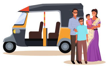 Indian family in traditional national clothes. Woman in saree holding little baby. Motor rickshaw, tuk-tuk vehicle or india taxi vector illustration