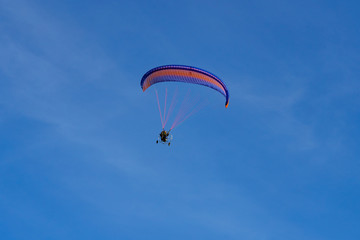 paraglider with a red-blue parachute flies