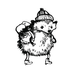 Cute young Hedgehog tourist with hat and backpack. Concept design for coloring book page. Black and white ink drawing. Hand drawn stock vector illustration