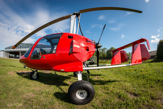 A fish-eye look at a red gyroplane